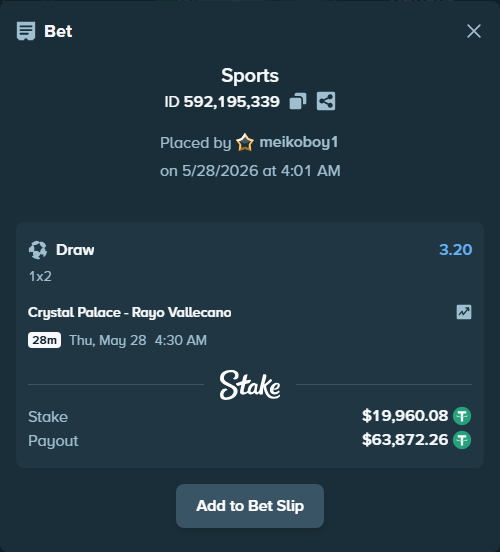 Bet slip: Crystal Palace - Rayo Vallecano, $20,000.00 stake at 3.20 odds, placed by meikoboy1