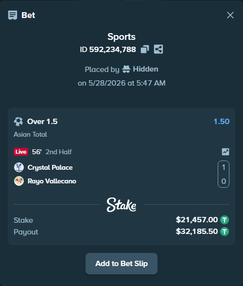 Bet slip: Crystal Palace - Rayo Vallecano, $21,499.91 stake at 1.50 odds, placed by Hidden