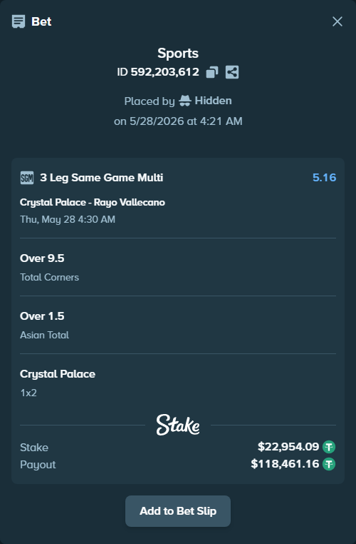 Bet slip: Crystal Palace - Rayo Vallecano, $23,000.00 stake at 1.90 odds, placed by Hidden