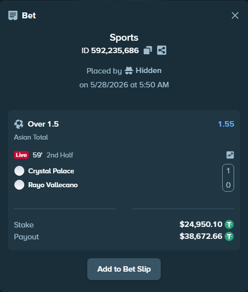 Bet slip: Crystal Palace - Rayo Vallecano, $25,000.00 stake at 1.55 odds, placed by TheEarlinGrey