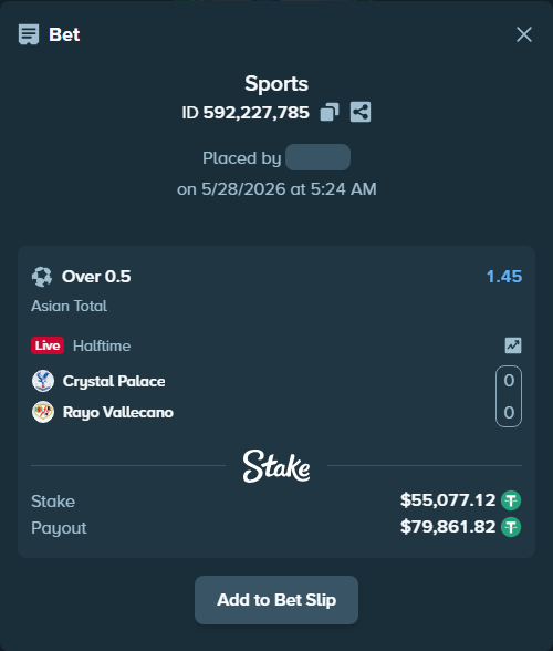Bet slip: Crystal Palace - Rayo Vallecano, $55,187.27 stake at 1.45 odds, placed by hingis79