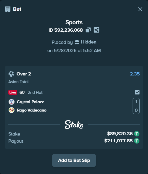 Bet slip: Crystal Palace - Rayo Vallecano, $90,000.00 stake at 2.35 odds, placed by Hidden