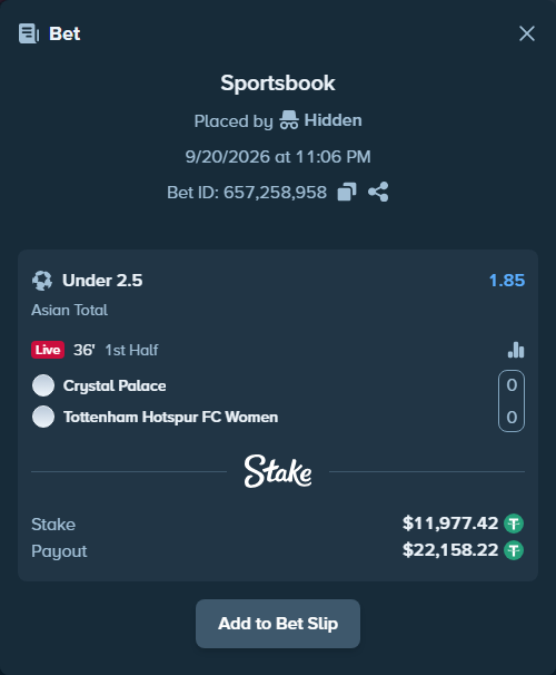 Bet slip: Crystal Palace - Tottenham Hotspur FC, $11,977.42 stake at 1.85 odds, placed by Hidden