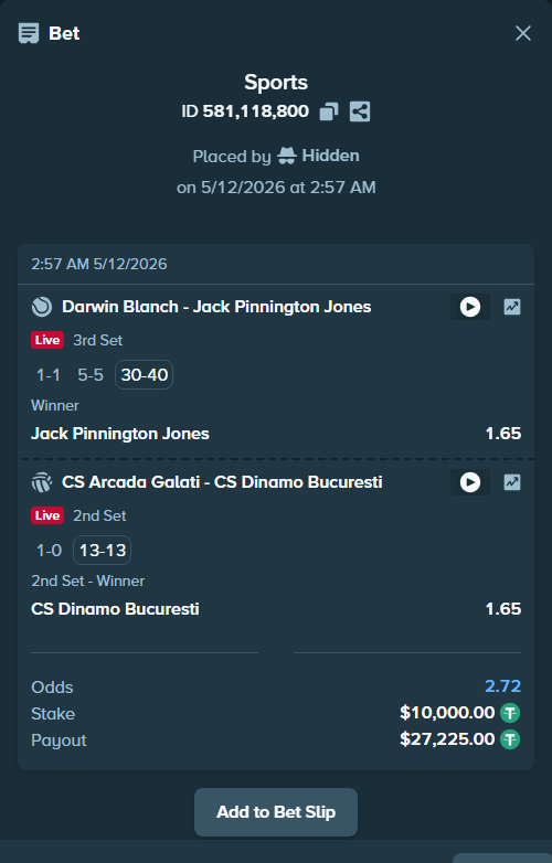 Bet slip: CS Arcada Galati - CS Dinamo Bucuresti, $10,000.00 stake at 1.65 odds, placed by Hidden