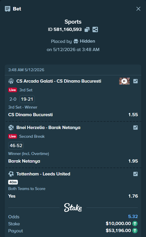 Bet slip: CS Arcada Galati - CS Dinamo Bucuresti, $10,000.00 stake at 1.55 odds, placed by Hidden