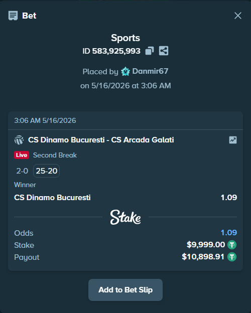 Bet slip: CS Dinamo Bucuresti - CS Arcada Galati, $9,999.00 stake at 1.09 odds, placed by Danmir67