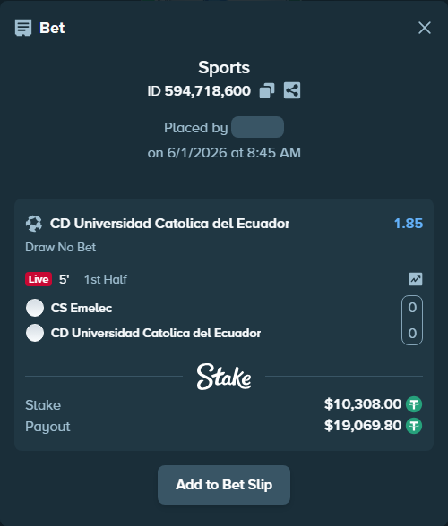 Bet slip: CS Emelec - CD Universidad Catolica del Ecuador, $10,318.31 stake at 1.85 odds, placed by Othmane2kiks
