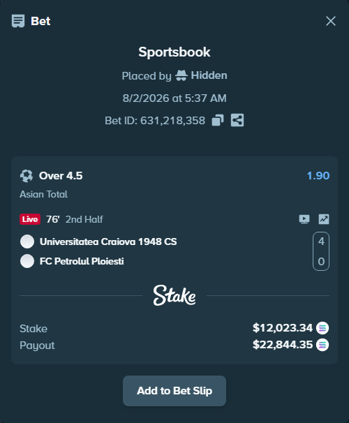 Bet slip: CS Universitatea Craiova - FC Petrolul Ploiesti, $12,267.25 stake at 1.90 odds, placed by Hidden