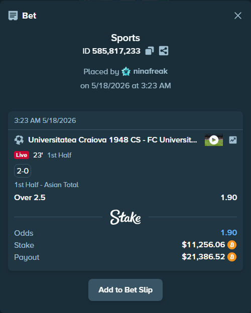 Bet slip: CS Universitatea Craiova - FC Universitatea Cluj, $9,269.58 stake at 1.90 odds, placed by ninafreak