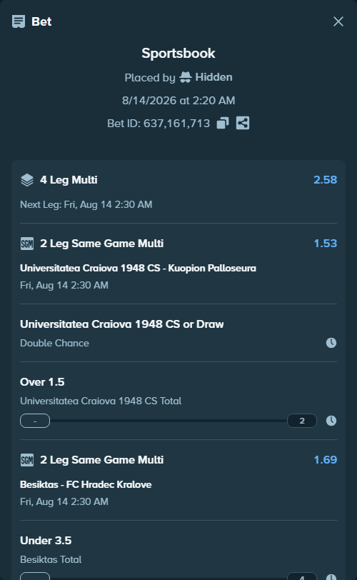 Bet slip: CS Universitatea Craiova - Kuopion Palloseura, $10,041.53 stake at 1.08 odds, placed by Hidden