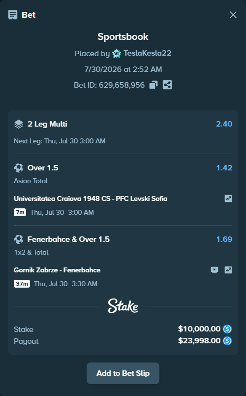 Bet slip: CS Universitatea Craiova - PFC Levski Sofia, $10,000.00 stake at 1.42 odds, placed by TeslaKesla22