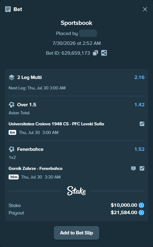 Bet slip: CS Universitatea Craiova - PFC Levski Sofia, $10,000.00 stake at 1.42 odds, placed by TeslaKesla22