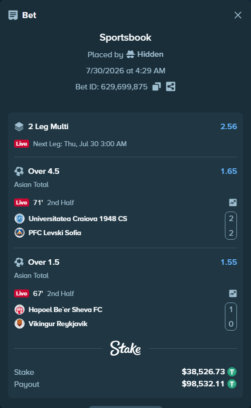Bet slip: CS Universitatea Craiova - PFC Levski Sofia, $38,565.26 stake at 1.65 odds, placed by Hidden