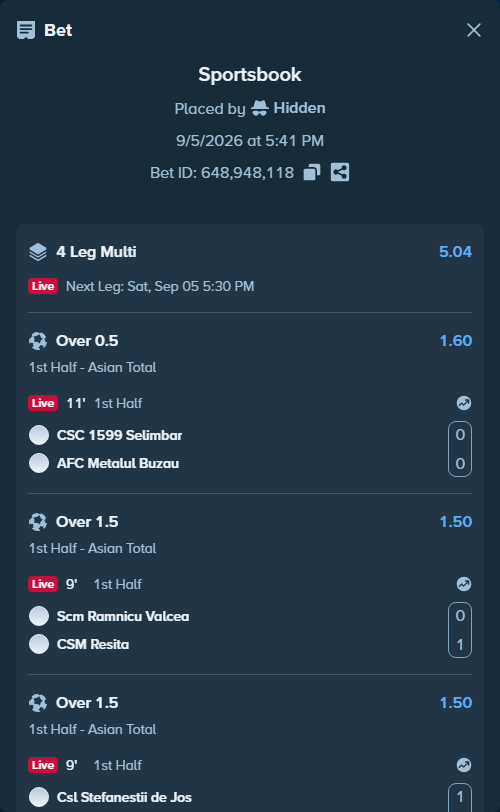 Bet slip: CSC 1599 Selimbar - AFC Metalul Buzau, $16,259.73 stake at 1.60 odds, placed by Hidden