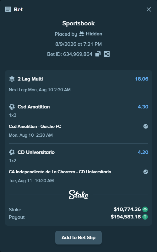 Bet slip: Csd Amatitlan - Quiche FC, $10,785.04 stake at 4.30 odds, placed by Hidden