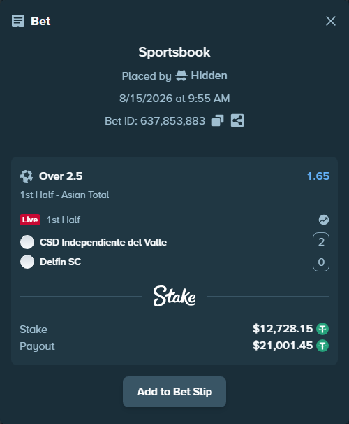 Bet slip: CSD Independiente del Valle - Delfin SC, $12,740.88 stake at 1.65 odds, placed by Hidden