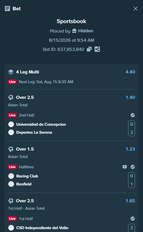 Bet slip: CSD Independiente del Valle - Delfin SC, $14,439.86 stake at 1.65 odds, placed by Hidden