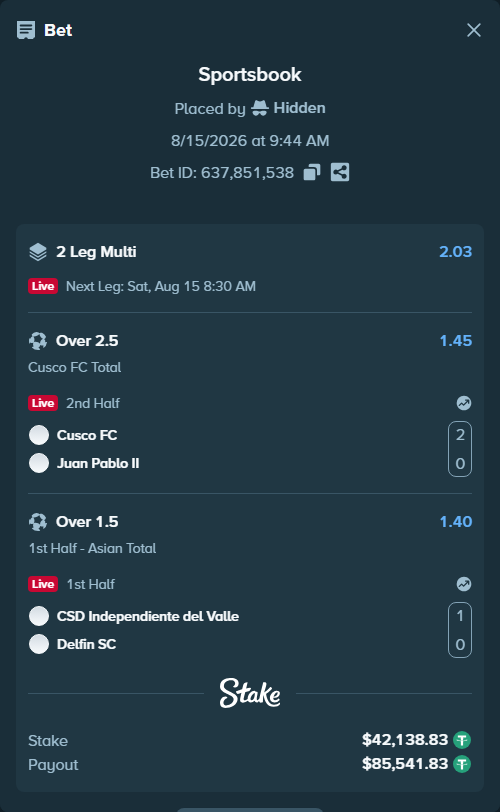 Bet slip: CSD Independiente del Valle - Delfin SC, $42,180.97 stake at 1.40 odds, placed by Hidden