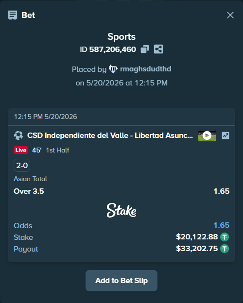 Bet slip: CSD Independiente del Valle - Libertad Asuncion, $20,143.00 stake at 1.65 odds, placed by rmaghsdudthd