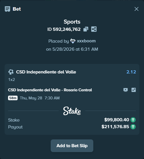 Bet slip: CSD Independiente del Valle - Rosario Central, $100,000.00 stake at 2.12 odds, placed by xxxboom
