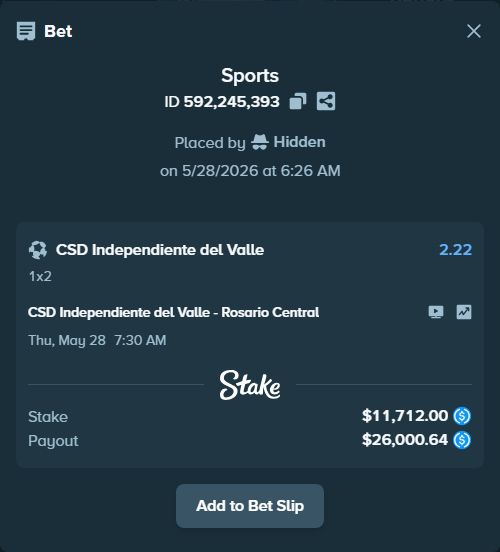 Bet slip: CSD Independiente del Valle - Rosario Central, $11,712.00 stake at 2.22 odds, placed by Hidden