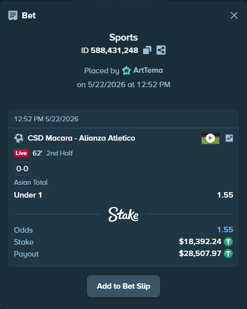 Bet slip: CSD Macara - Alianza Atletico, $18,410.63 stake at 1.55 odds, placed by ArtTema
