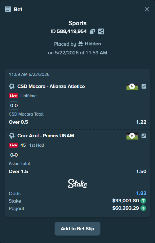 Bet slip: CSD Macara - Alianza Atletico, $33,034.80 stake at 1.22 odds, placed by Hidden