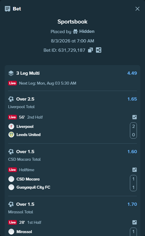 Bet slip: CSD Macara - Guayaquil City FC, $38,876.92 stake at 1.60 odds, placed by Hidden