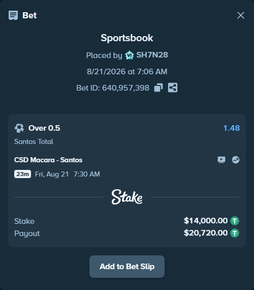 Bet slip: CSD Macara - Santos, $14,000.00 stake at 1.48 odds, placed by SH7N28