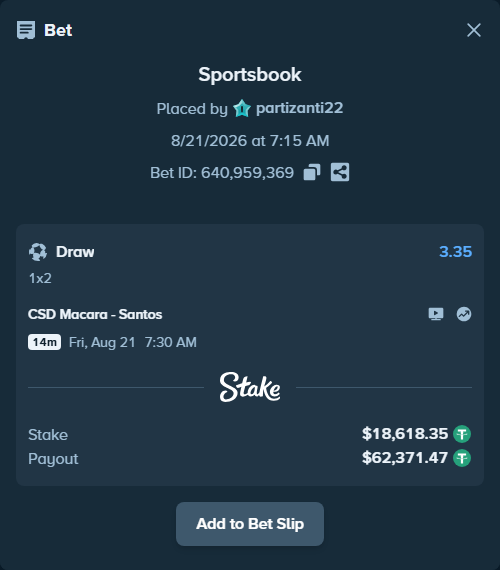 Bet slip: CSD Macara - Santos, $18,618.35 stake at 3.35 odds, placed by partizanti22