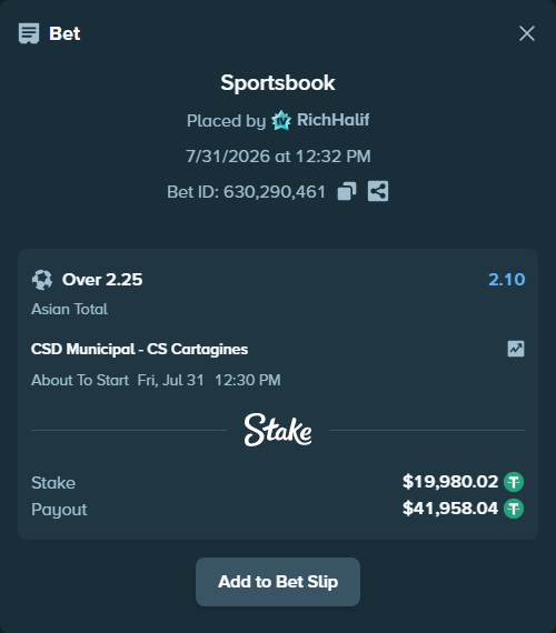 Bet slip: CSD Municipal - CS Cartagines, $20,000.00 stake at 2.10 odds, placed by RichHalif