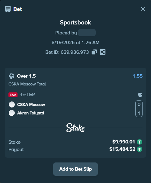 Bet slip: CSKA Moscow - Akron Tolyatti, $10,000.00 stake at 1.55 odds, placed by tlwns4736
