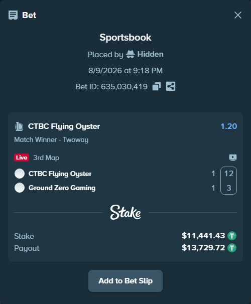 Bet slip: CTBC Flying Oyster - Ground Zero Gaming, $11,452.87 stake at 1.20 odds, placed by Hidden