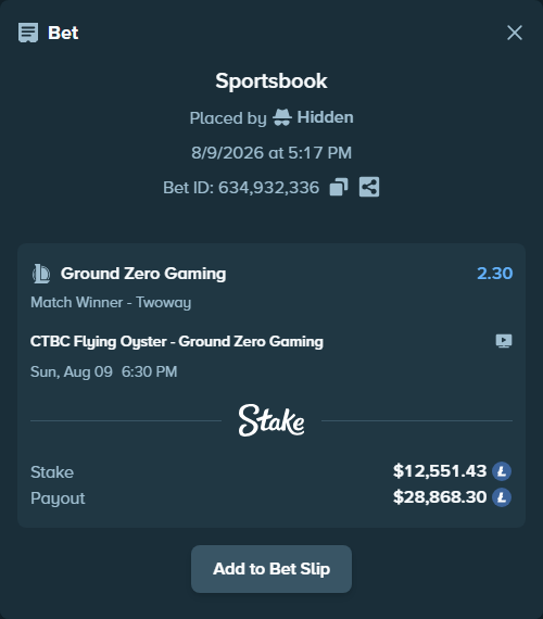 Bet slip: CTBC Flying Oyster - Ground Zero Gaming, $12,635.44 stake at 2.30 odds, placed by Hidden