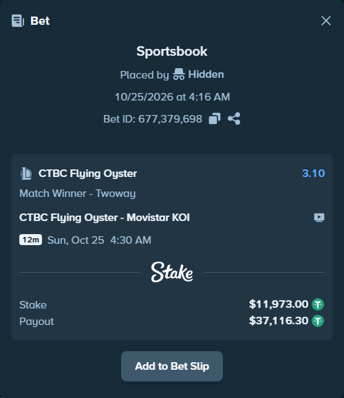 Bet slip: CTBC Flying Oyster - Movistar KOI, $11,984.97 stake at 3.10 odds, placed by 도다리