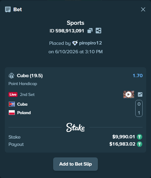 Bet slip: Cuba - Poland, $10,000.00 stake at 1.70 odds, placed by piropiro12