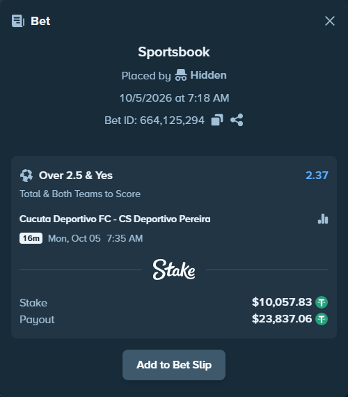 Bet slip: Cucuta Deportivo FC - Deportivo Pereira FC SA, $10,057.83 stake at 2.37 odds, placed by Hidden