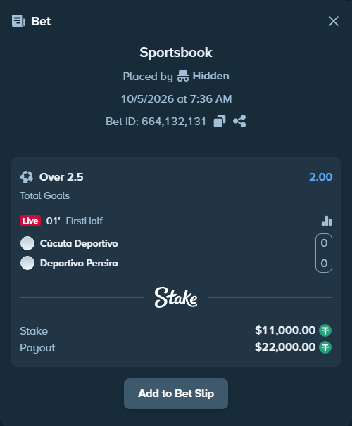 Bet slip: Cucuta Deportivo FC - Deportivo Pereira FC SA, $11,000.00 stake at 2.00 odds, placed by Reyes32