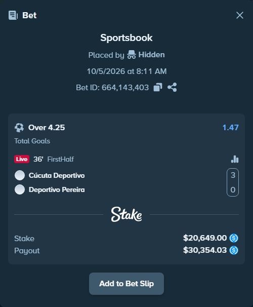 Bet slip: Cucuta Deportivo FC - Deportivo Pereira FC SA, $20,649.00 stake at 1.47 odds, placed by Hidden