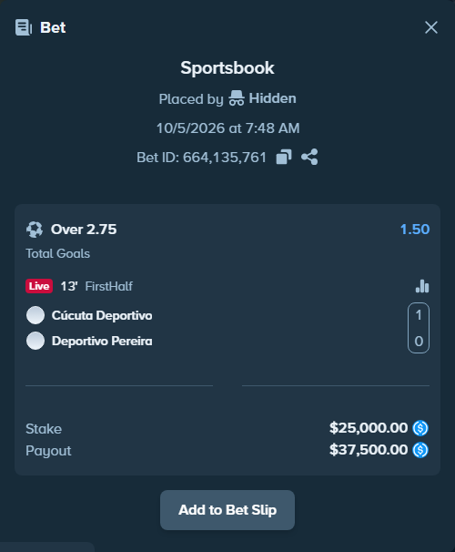 Bet slip: Cucuta Deportivo FC - Deportivo Pereira FC SA, $25,000.00 stake at 1.50 odds, placed by Hidden