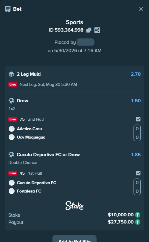Bet slip: Cucuta Deportivo FC - Fortaleza FC, $10,010.00 stake at 1.85 odds, placed by AsTraL11