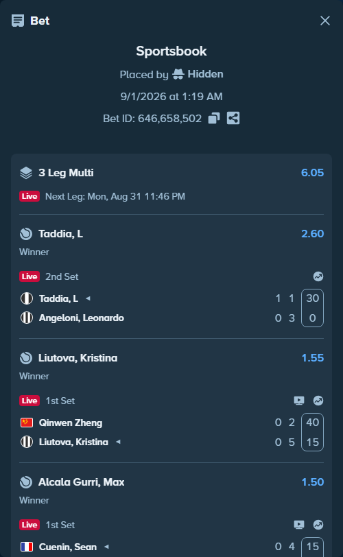 Bet slip: Cuenin, Sean - Alcala Gurri, Max, $20,000.00 stake at 1.50 odds, placed by Hidden