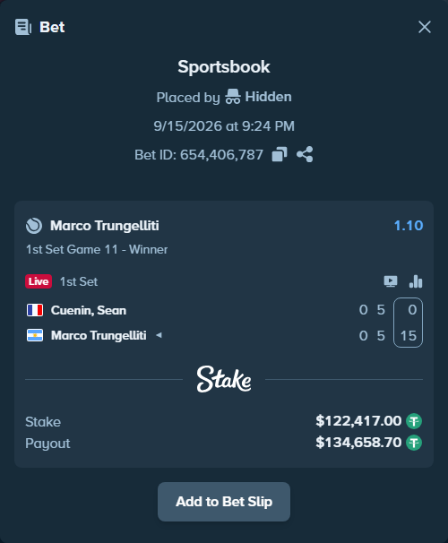 Bet slip: Cuenin, Sean - Marco Trungelliti, $122,417.00 stake at 1.10 odds, placed by Hidden