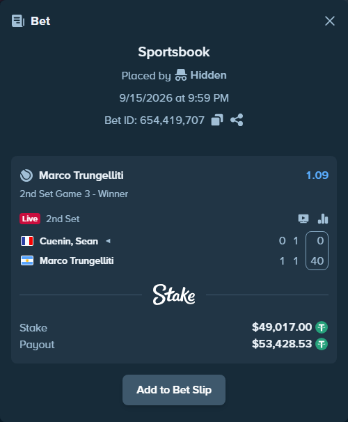 Bet slip: Cuenin, Sean - Marco Trungelliti, $49,017.00 stake at 1.09 odds, placed by Hidden