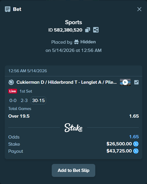 Bet slip: Cukierman D / Hilderbrand T - Lenglet A / Pilet C, $26,500.00 stake at 1.65 odds, placed by Hidden