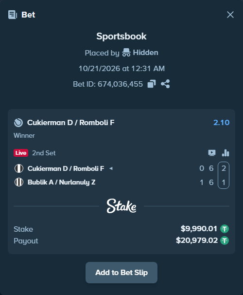 Bet slip: Cukierman D / Romboli F - Bublik A / Nurlanuly Z, $10,000.00 stake at 2.10 odds, placed by Hidden