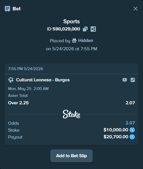 Bet slip: Cultural Leonesa - Burgos, $10,000.00 stake at 2.07 odds, placed by Hidden