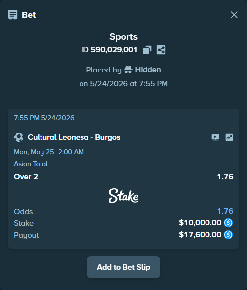 Bet slip: Cultural Leonesa - Burgos, $10,000.00 stake at 1.76 odds, placed by Hidden