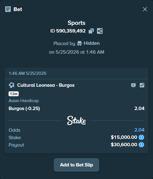 Bet slip: Cultural Leonesa - Burgos, $15,000.00 stake at 2.04 odds, placed by Hidden