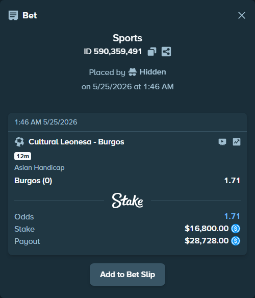 Bet slip: Cultural Leonesa - Burgos, $16,800.00 stake at 1.71 odds, placed by Hidden